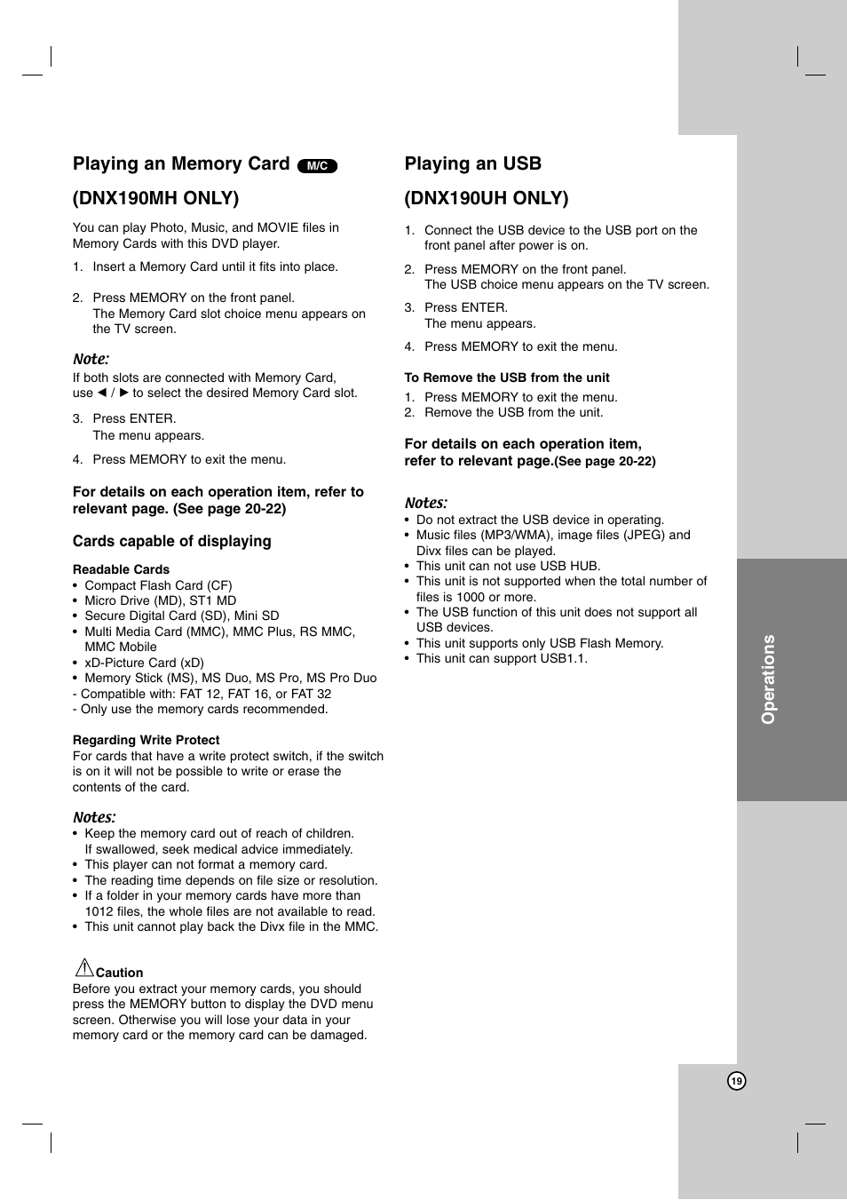 Playing an usb (dnx190uh only), Operations | LG DNX190MH User Manual | Page 19 / 26