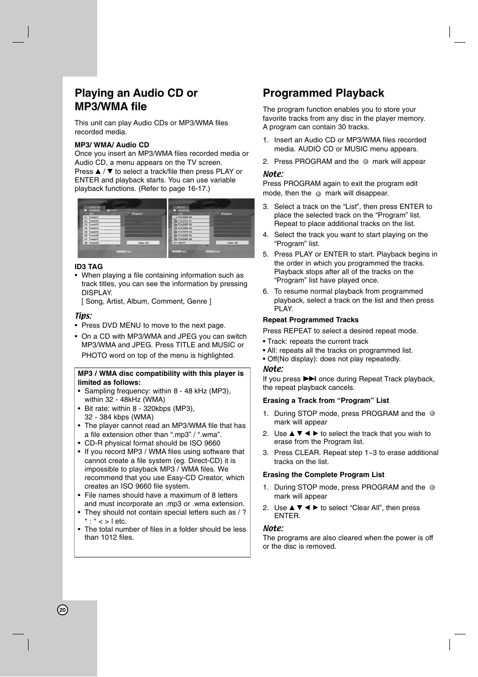Playing an audio cd or mp3/wma file, Programmed playback | LG DNX190MH User Manual | Page 20 / 26