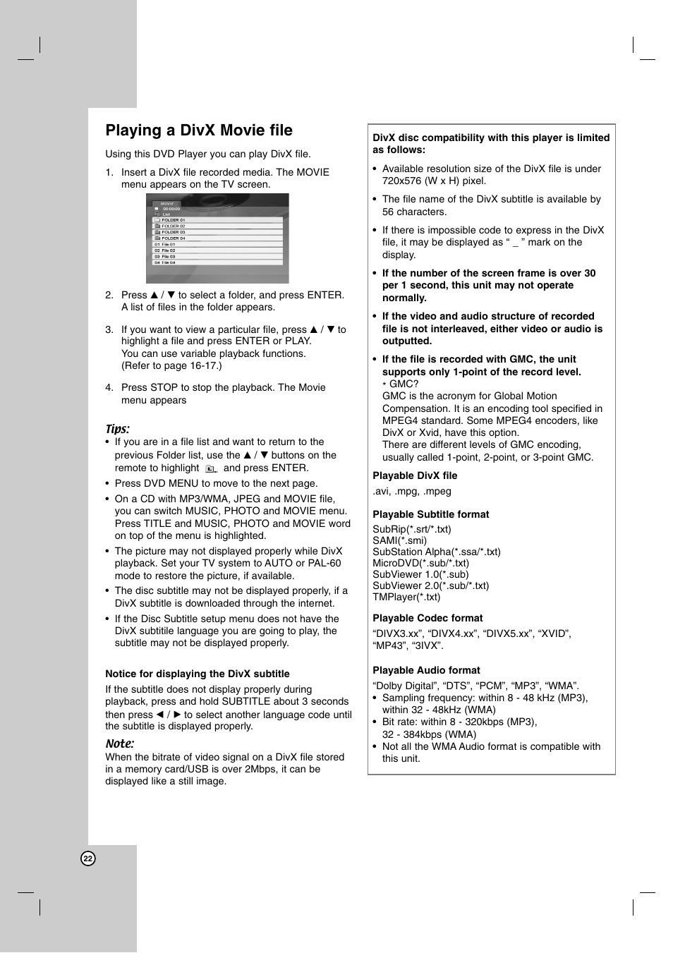 Playing a divx movie file | LG DNX190MH User Manual | Page 22 / 26