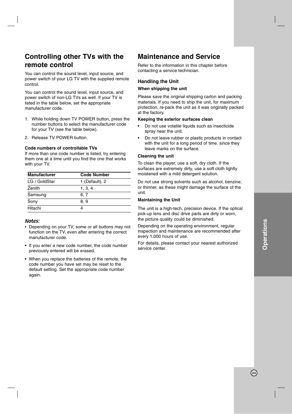 Controlling other tvs with the remote control, Maintenance and service, Operations | LG DNX190MH User Manual | Page 23 / 26