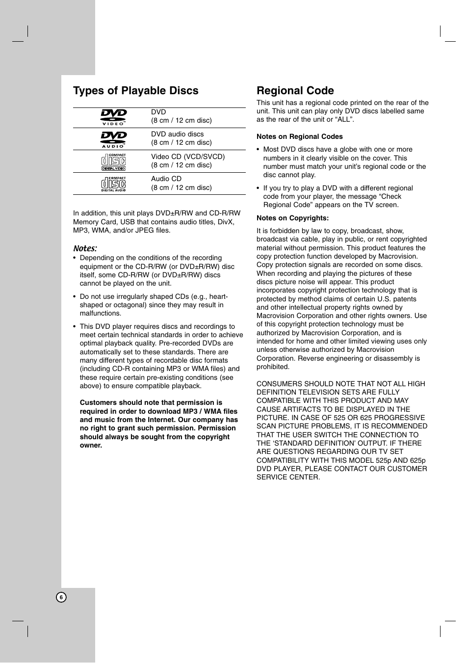 Types of playable discs, Regional code | LG DNX190MH User Manual | Page 6 / 26