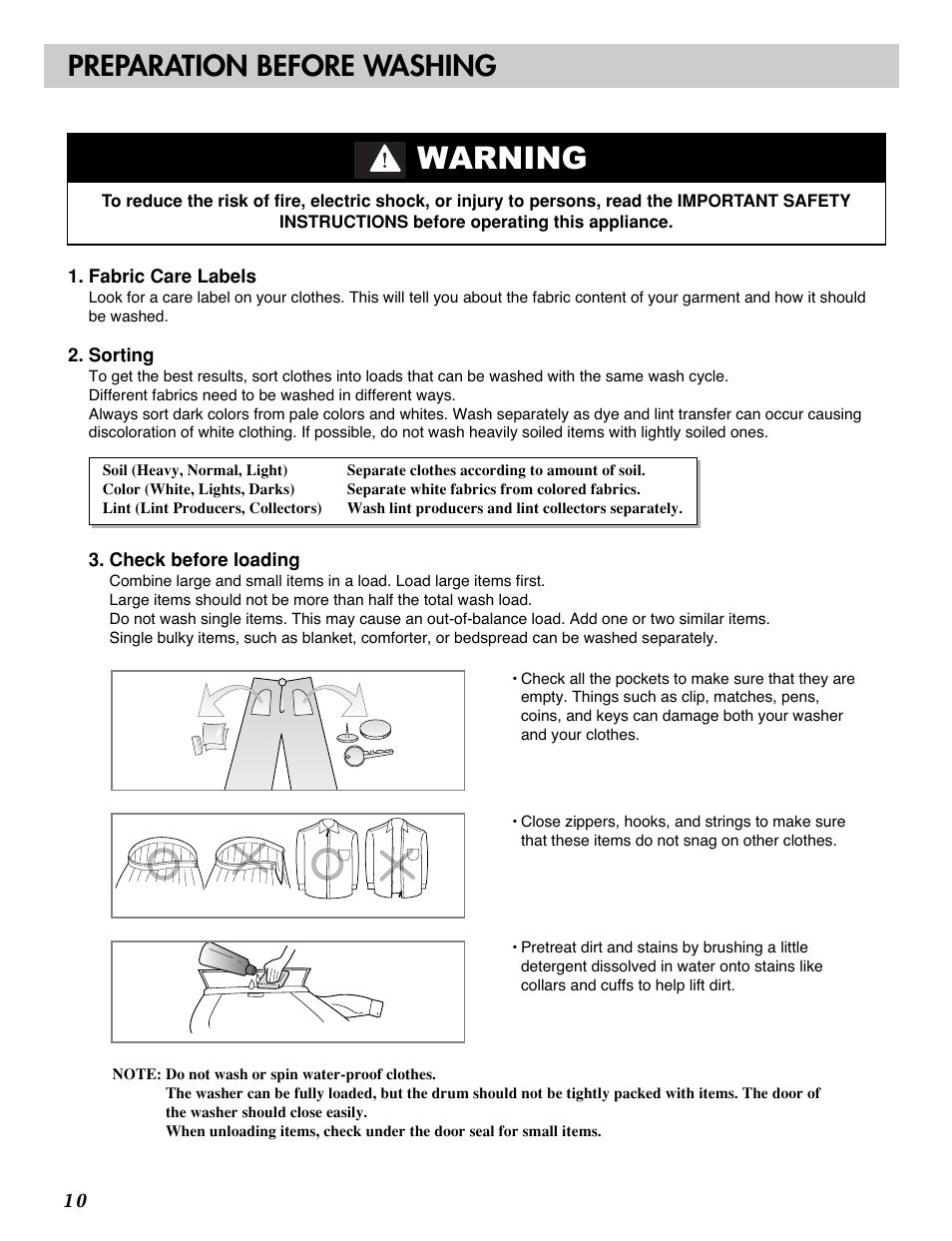 Warning, Preparation before washing | LG WM2688H*M User Manual | Page 10 / 48