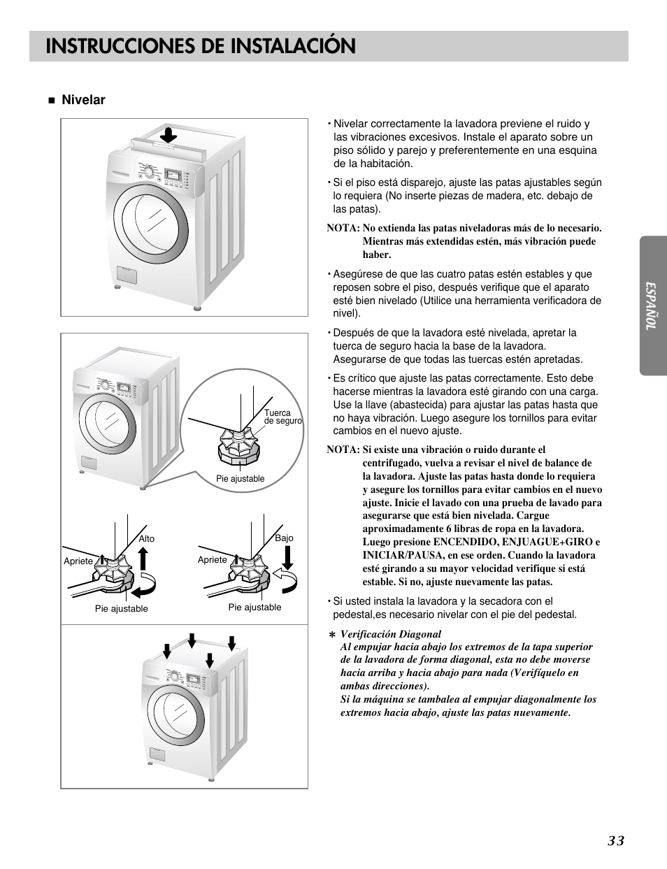 Instrucciones de instalación, Nivelar | LG WM2688H*M User Manual | Page 33 / 48