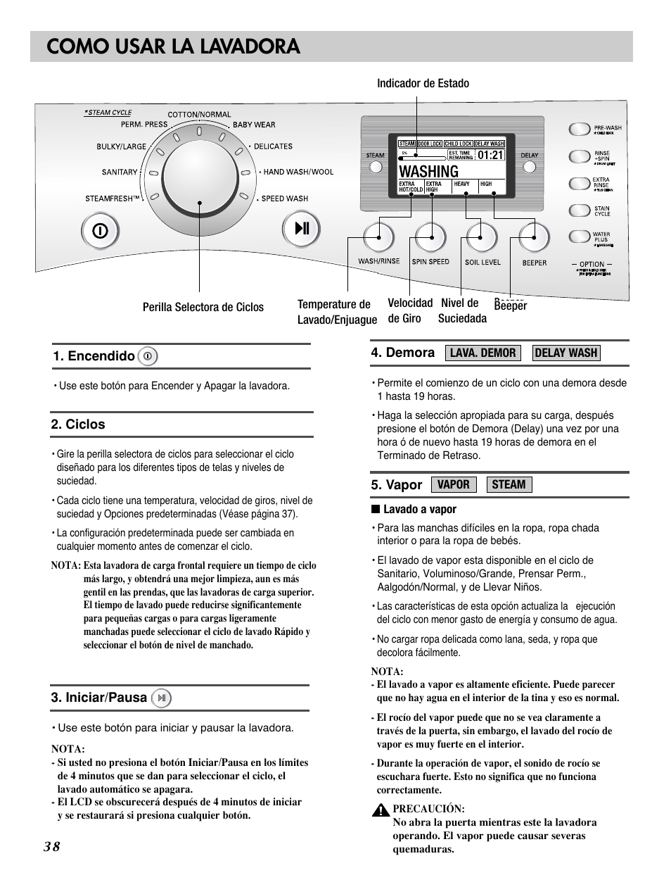 Como usar la lavadora | LG WM2688H*M User Manual | Page 38 / 48