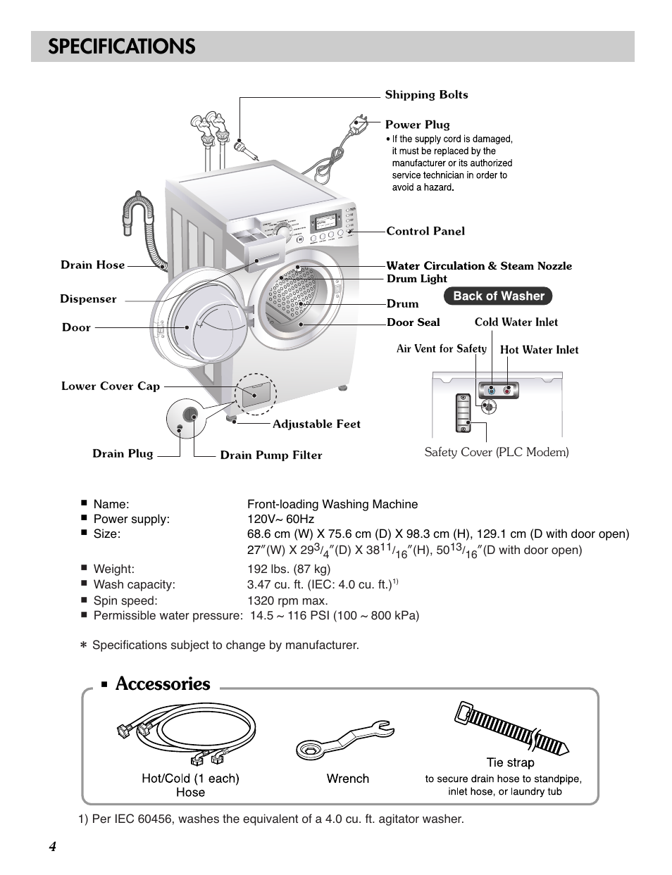 Specifications, Accessories | LG WM2688H*M User Manual | Page 4 / 48