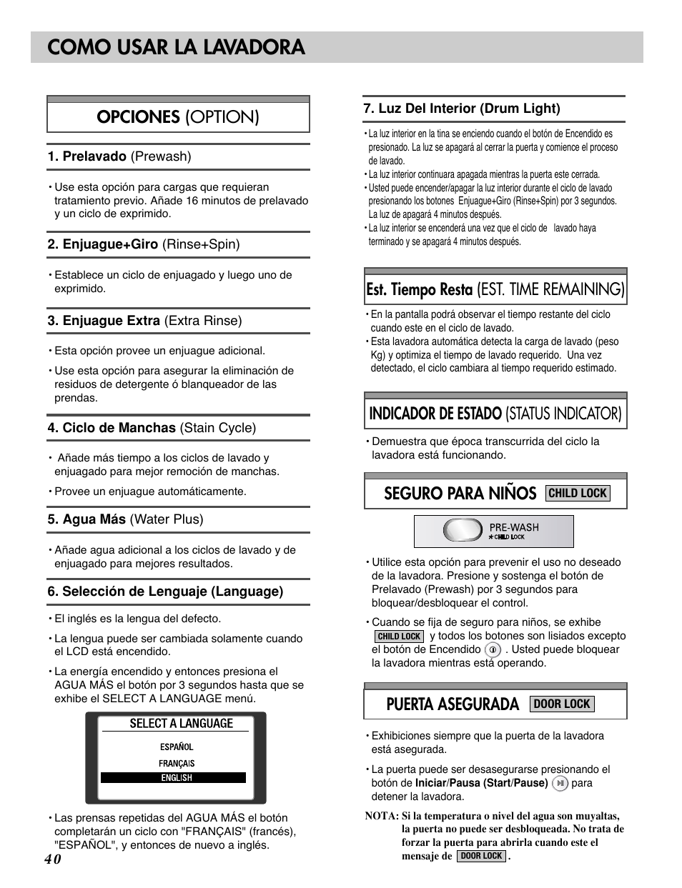 Como usar la lavadora, Indicador de estado (status indicator), Est. tiempo resta (est. time remaining) | LG WM2688H*M User Manual | Page 40 / 48