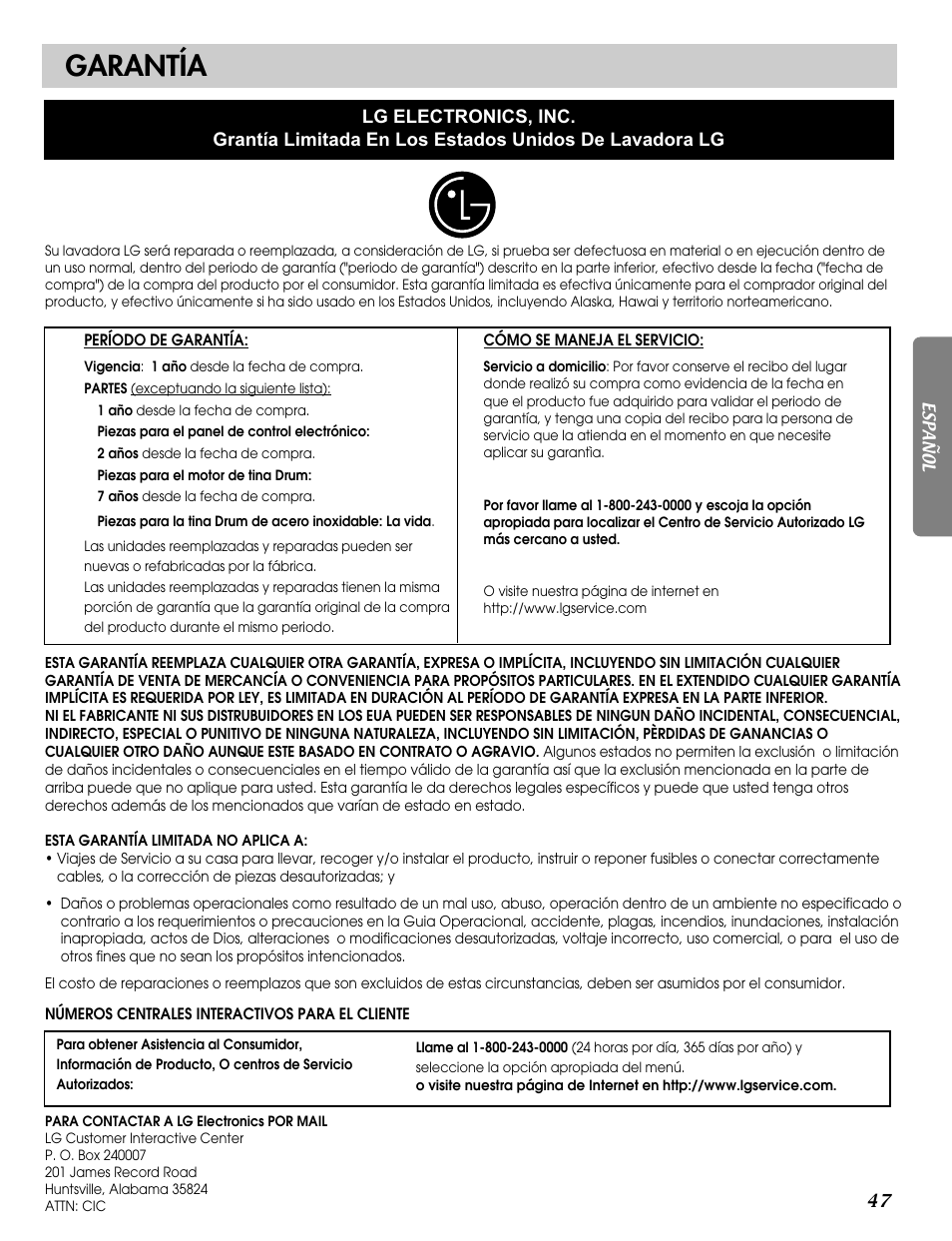 Garantía | LG WM2688H*M User Manual | Page 47 / 48