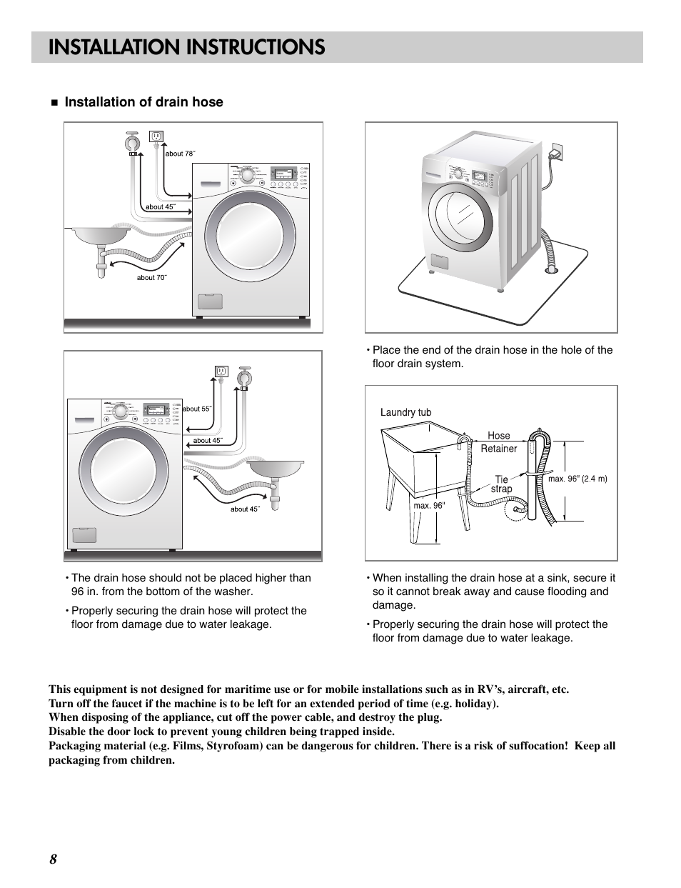 Installation instructions, Installation of drain hose | LG WM2688H*M User Manual | Page 8 / 48