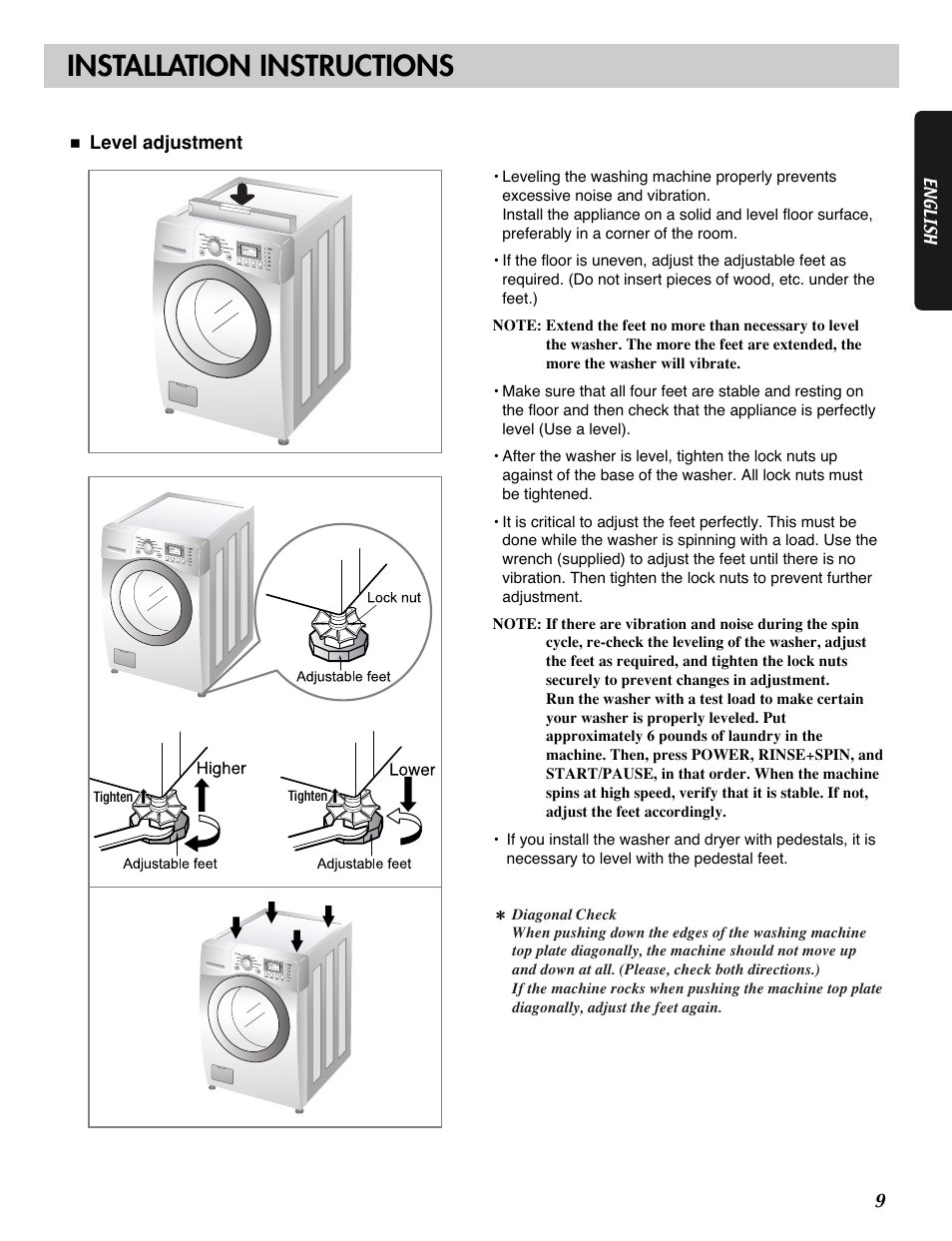 Installation instructions, Level adjustment | LG WM2688H*M User Manual | Page 9 / 48