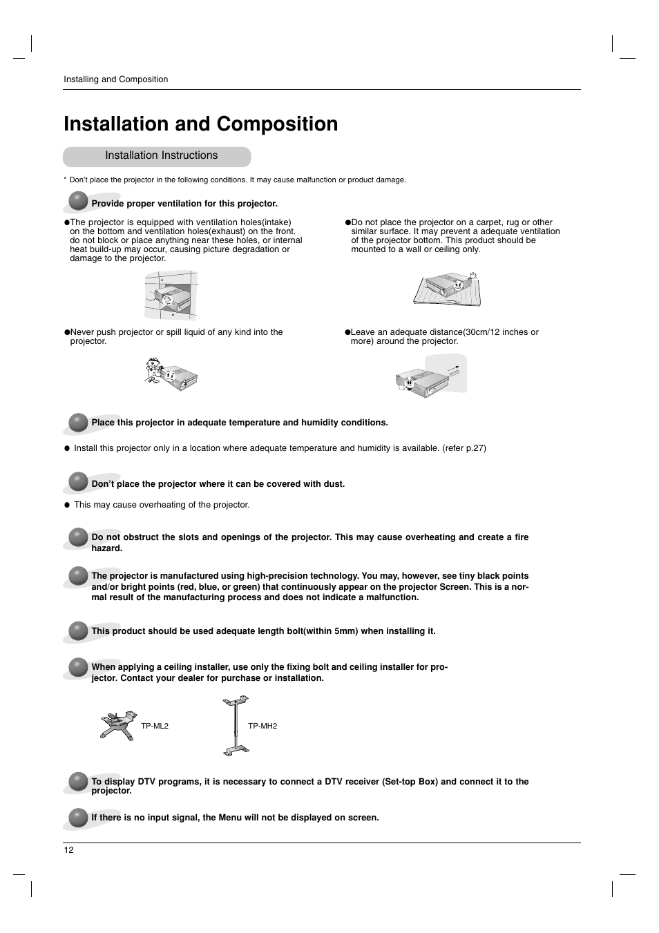 Installation and composition, Installation instructions | LG RD-JT91 User Manual | Page 12 / 28
