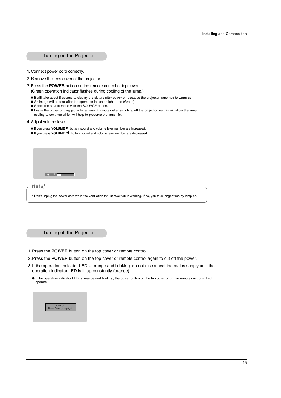Turning on the projector turning off the projector | LG RD-JT91 User Manual | Page 15 / 28