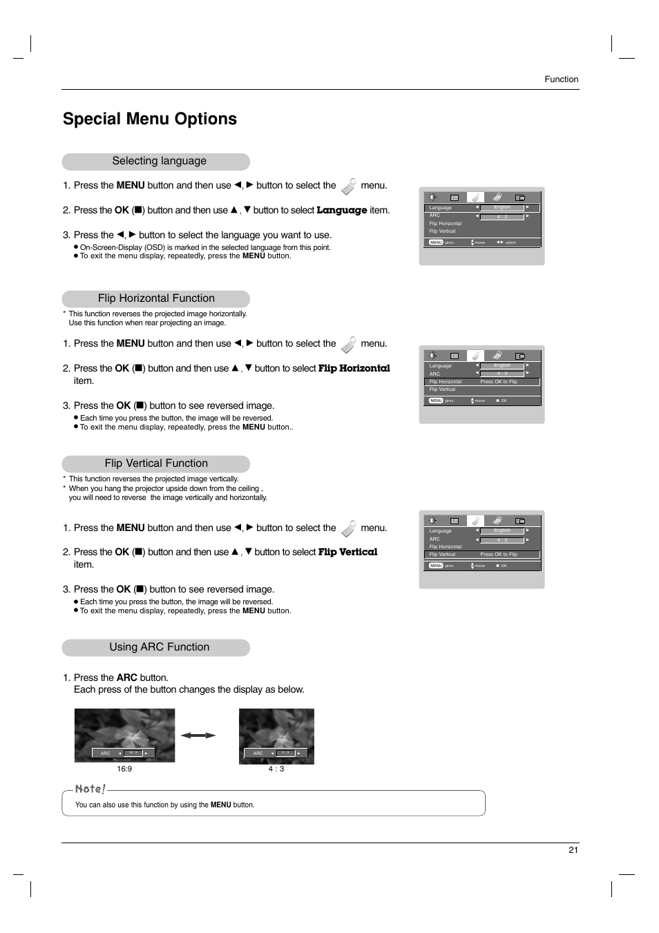 Special menu options, Selecting language, Flip horizontal function | Flip vertical function, Using arc function, Press the menu button and then use, Button to select the menu. 2. press the ok, Button and then use, Button to select, Item. 3. press the | LG RD-JT91 User Manual | Page 21 / 28