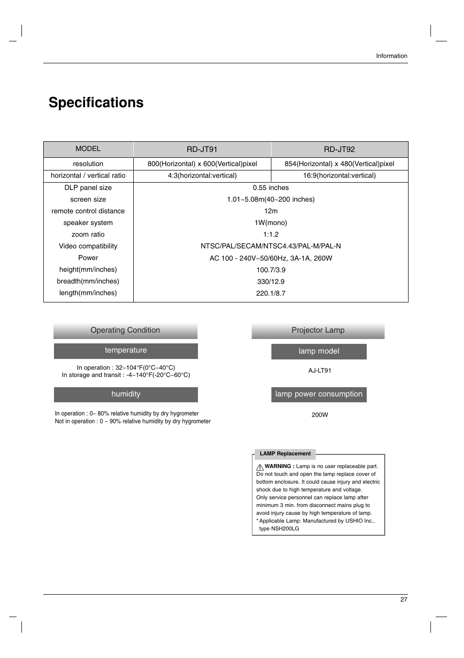 Specifications | LG RD-JT91 User Manual | Page 27 / 28