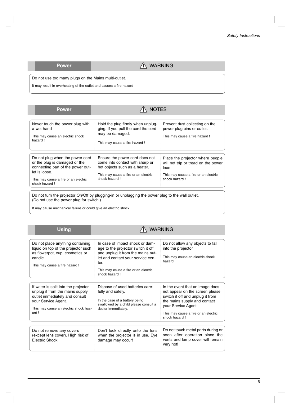 Using warning, Power warning | LG RD-JT91 User Manual | Page 5 / 28