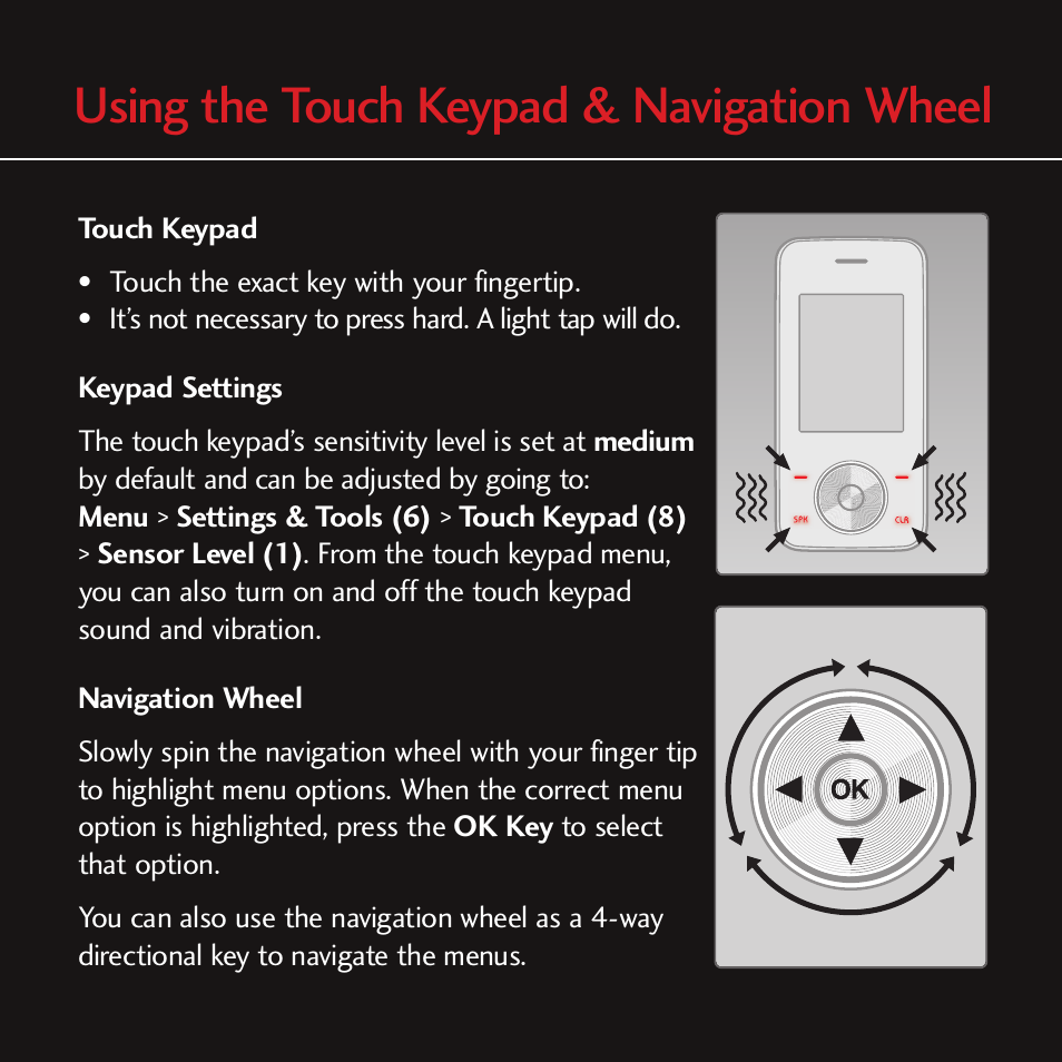 Using the touch keypad & navigation wheel | LG CHOCOLATE MCDD0012301 User Manual | Page 3 / 12