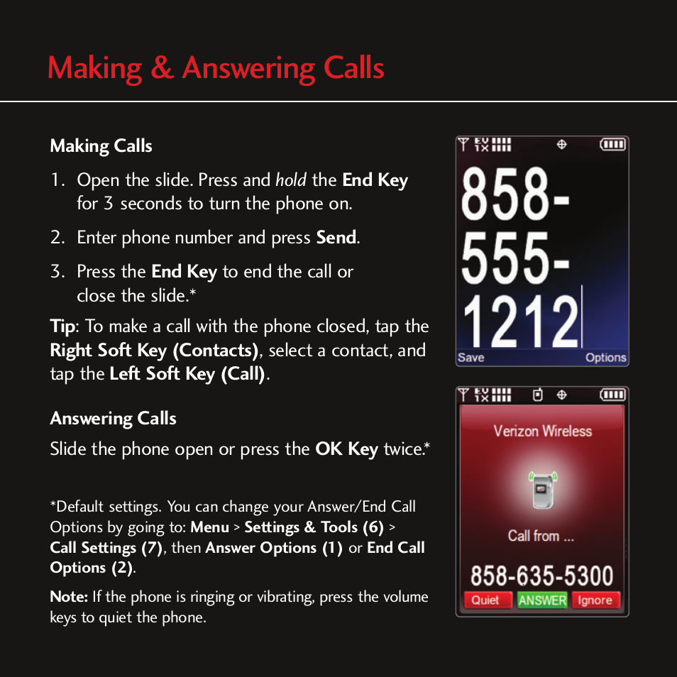 Making & answering calls | LG CHOCOLATE MCDD0012301 User Manual | Page 8 / 12