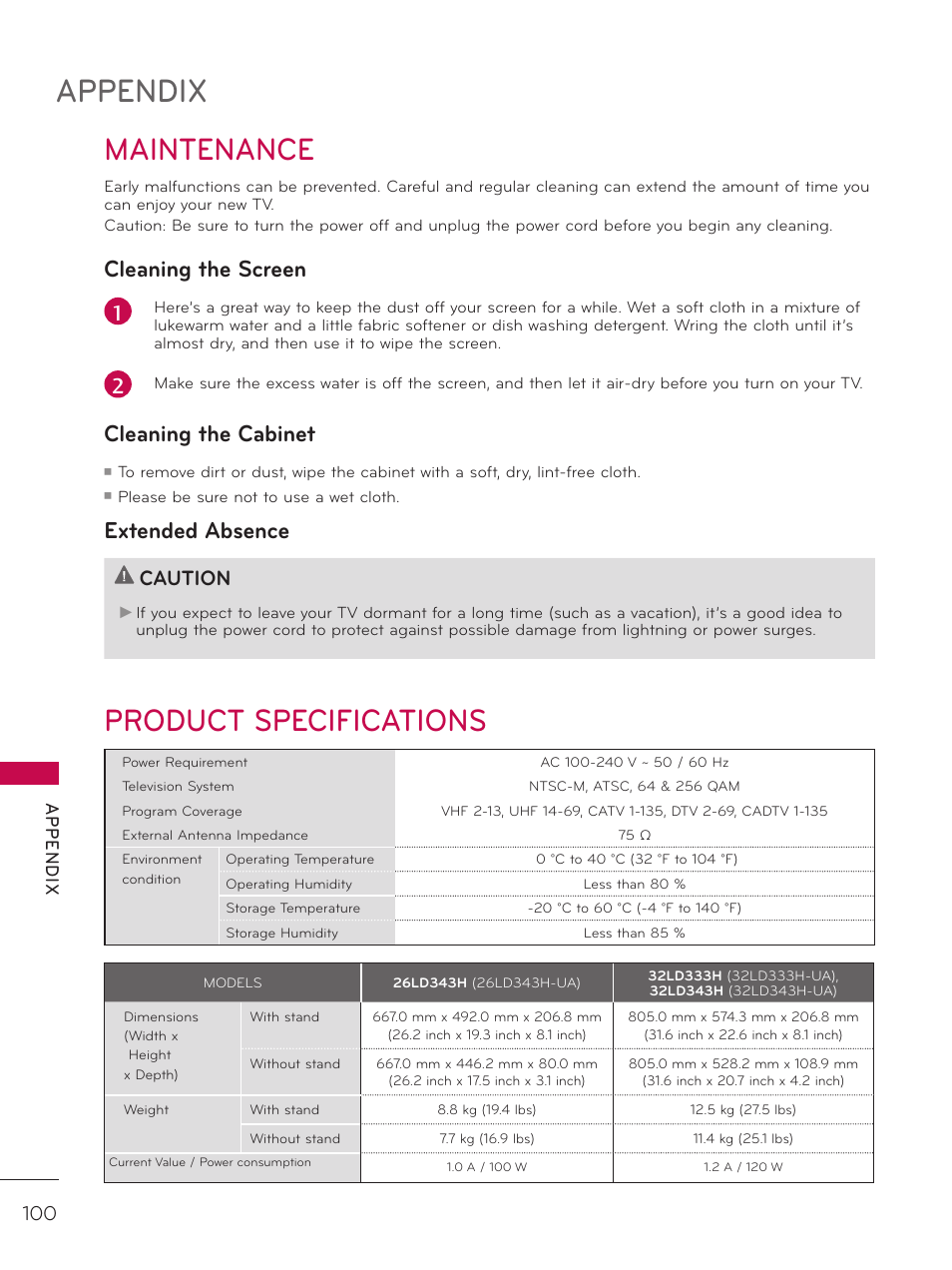 Maintenance, Product specifications, Appendix | Cleaning the screen, Cleaning the cabinet, Extended absence, Caution | LG 32LD333H User Manual | Page 100 / 317