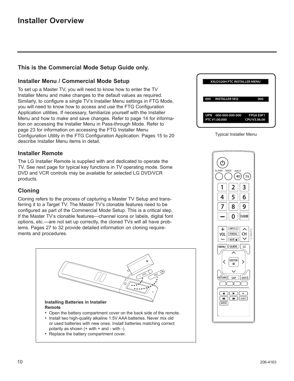 Installer overview, Installer remote, Cloning | LG 32LD333H User Manual | Page 127 / 317