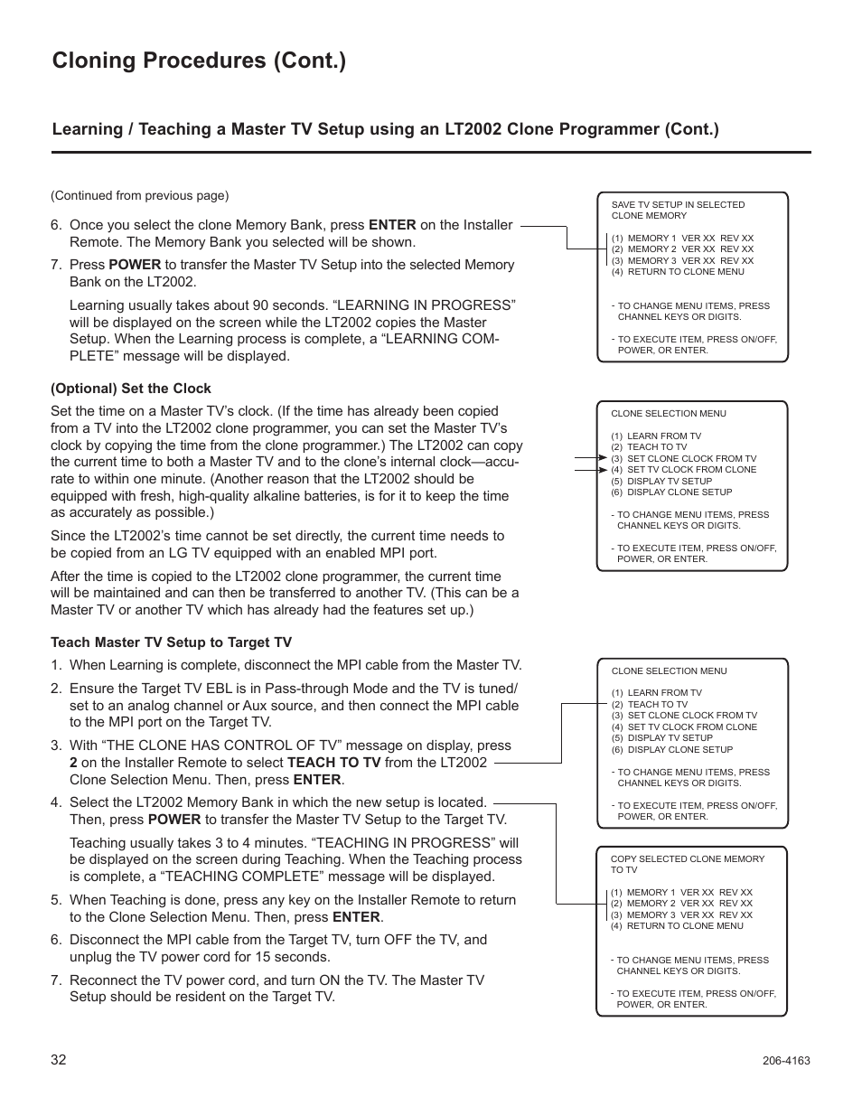 Cloning procedures (cont.) | LG 32LD333H User Manual | Page 149 / 317