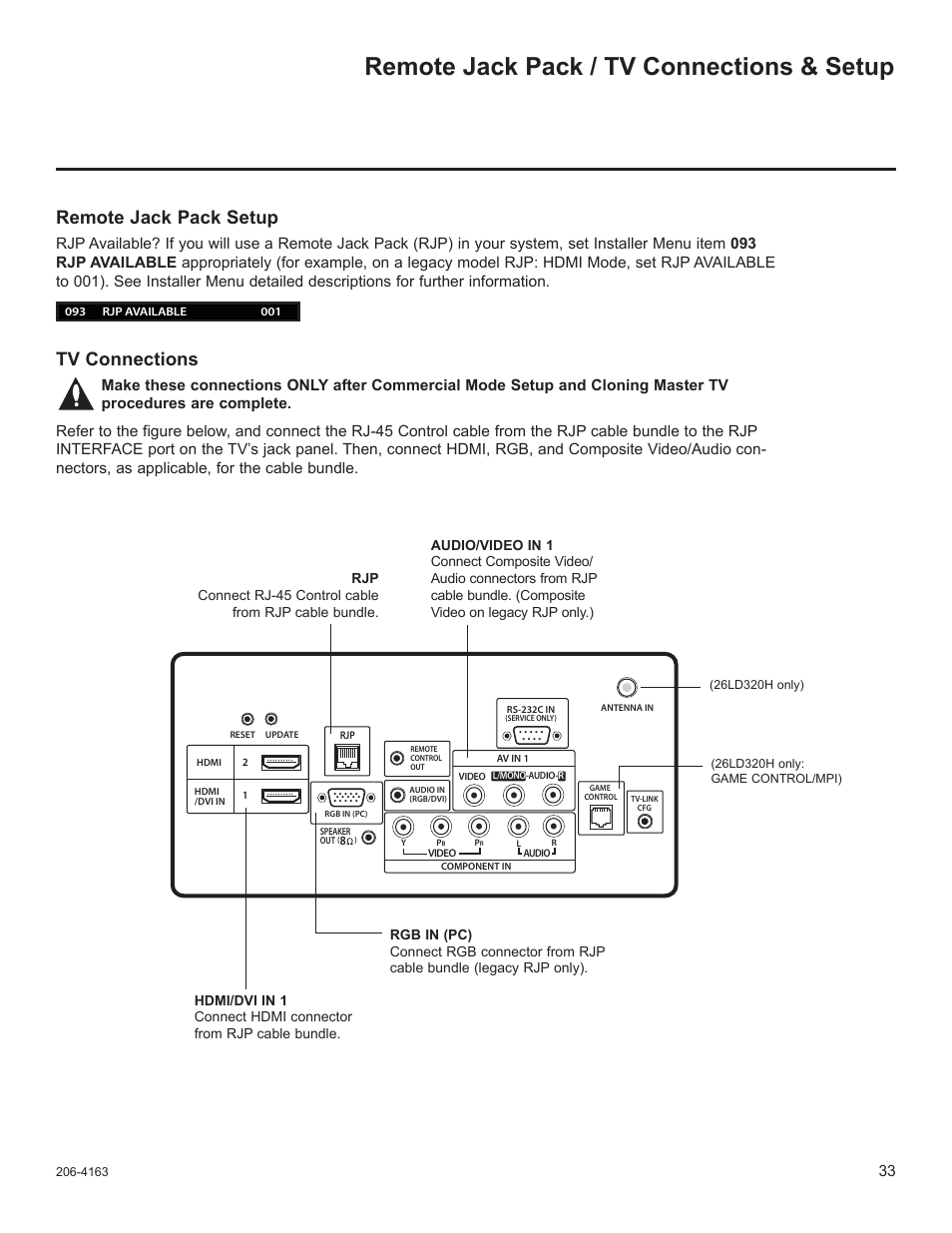 Remote jack pack / tv connections & setup, Remote jack pack setup, Tv connections | LG 32LD333H User Manual | Page 150 / 317