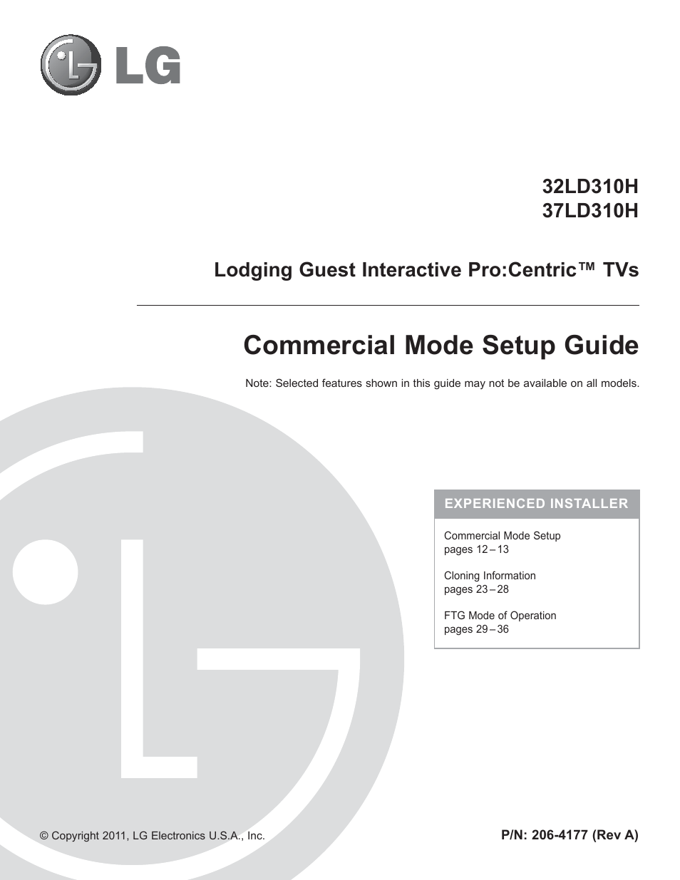 Commercial mode setup guide (ld310h series), Commercial mode setup guide, Lodging guest interactive pro:centric™ tvs | LG 32LD333H User Manual | Page 165 / 317