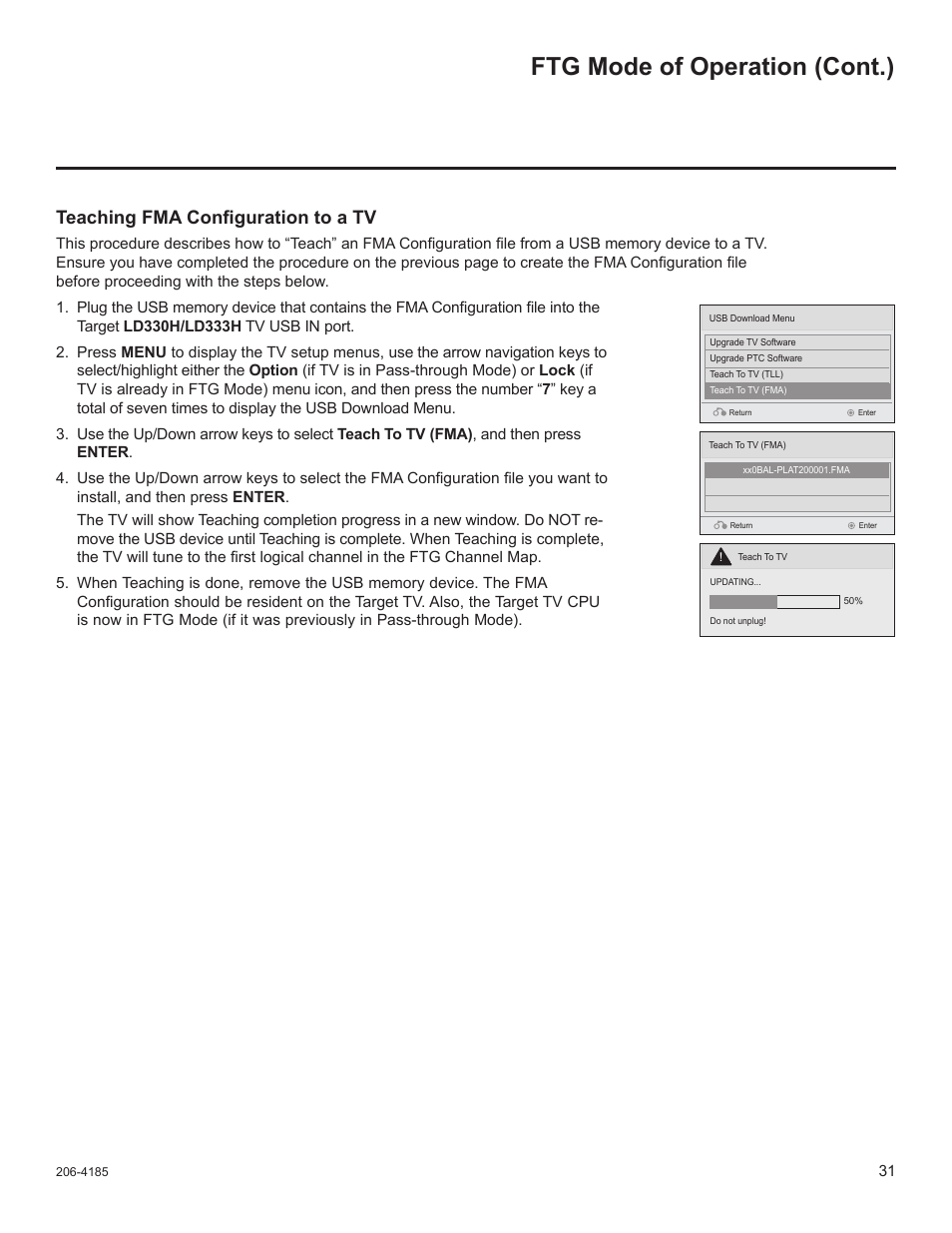 Ftg mode of operation (cont.), Teaching fma configuration to a tv | LG 32LD333H User Manual | Page 298 / 317