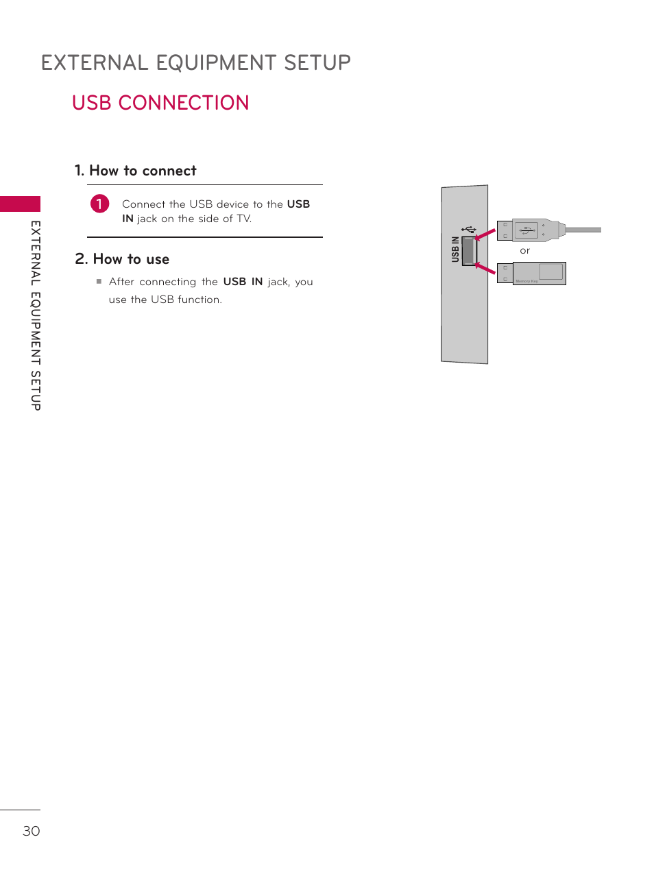 Usb connection, External equipment setup, How to connect | How to use | LG 32LD333H User Manual | Page 30 / 317