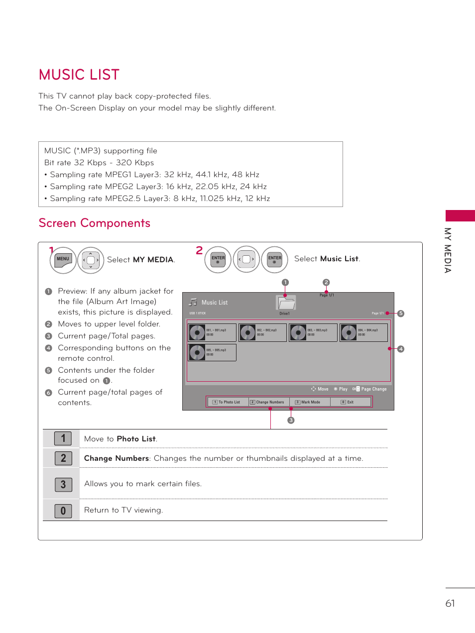 Music list, Screen components, My m ed ia | LG 32LD333H User Manual | Page 61 / 317