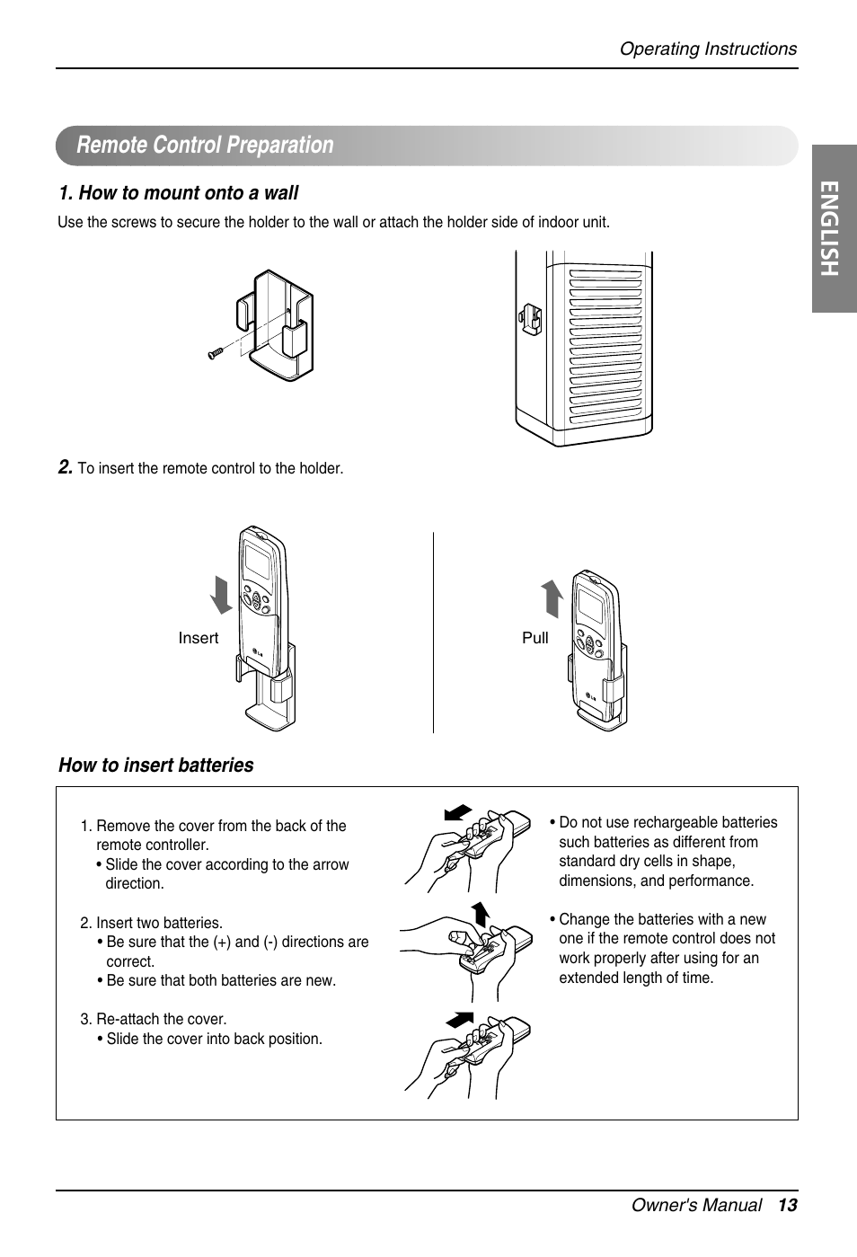 English, Remote control preparation | LG Air Conditioner User Manual | Page 13 / 28