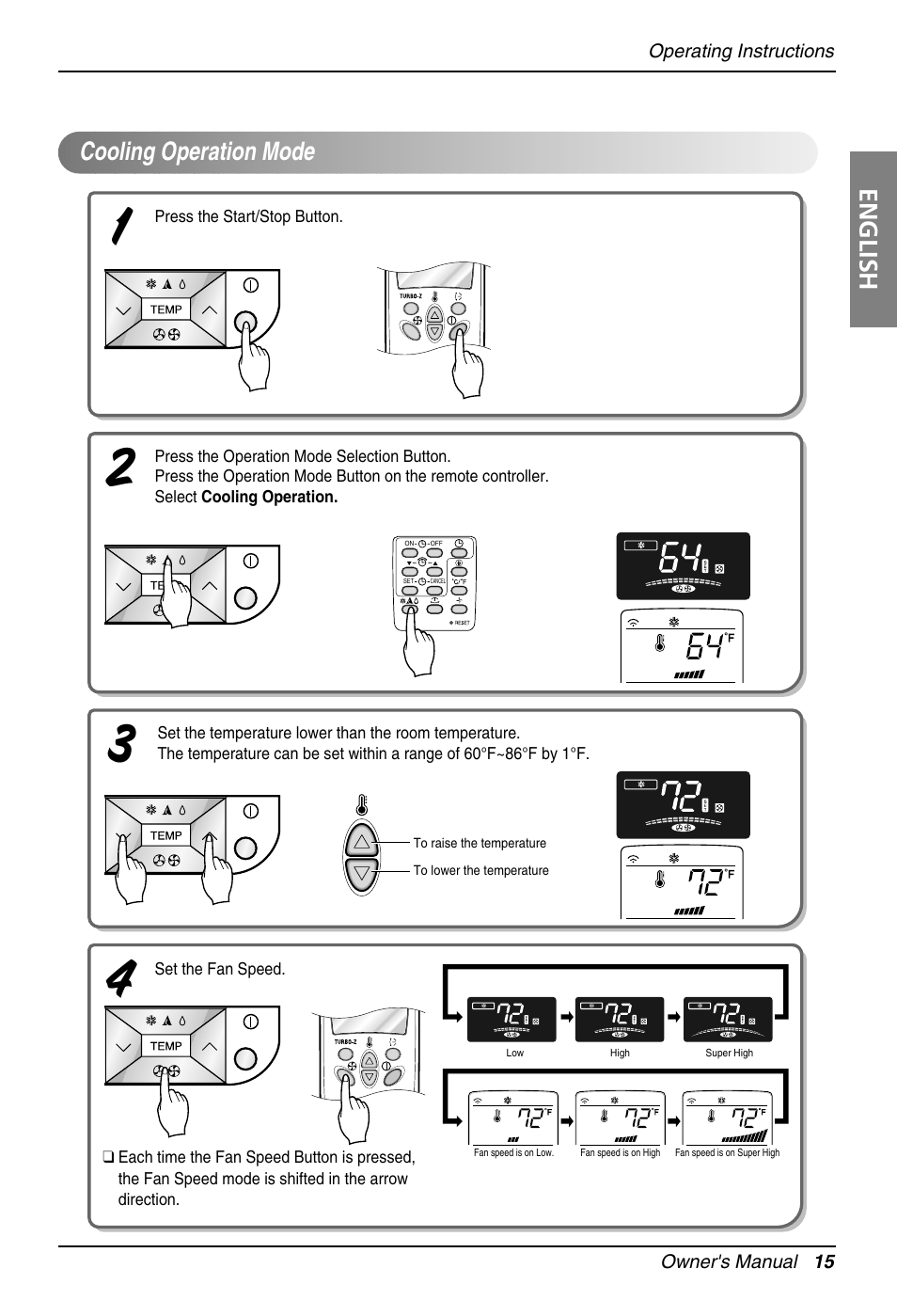 English, Cooling operation mode | LG Air Conditioner User Manual | Page 15 / 28