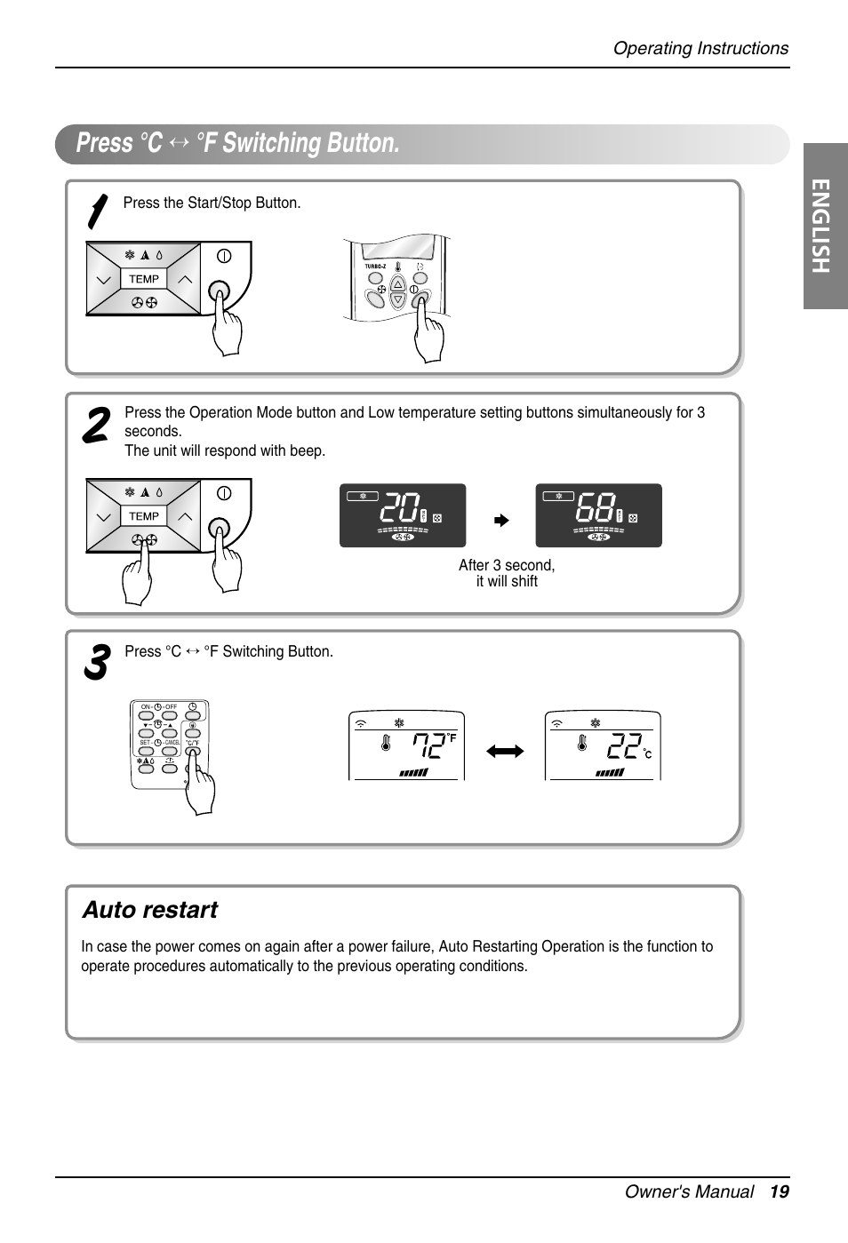 Press °c ↔ °f switching button, English, Auto restart | LG Air Conditioner User Manual | Page 19 / 28