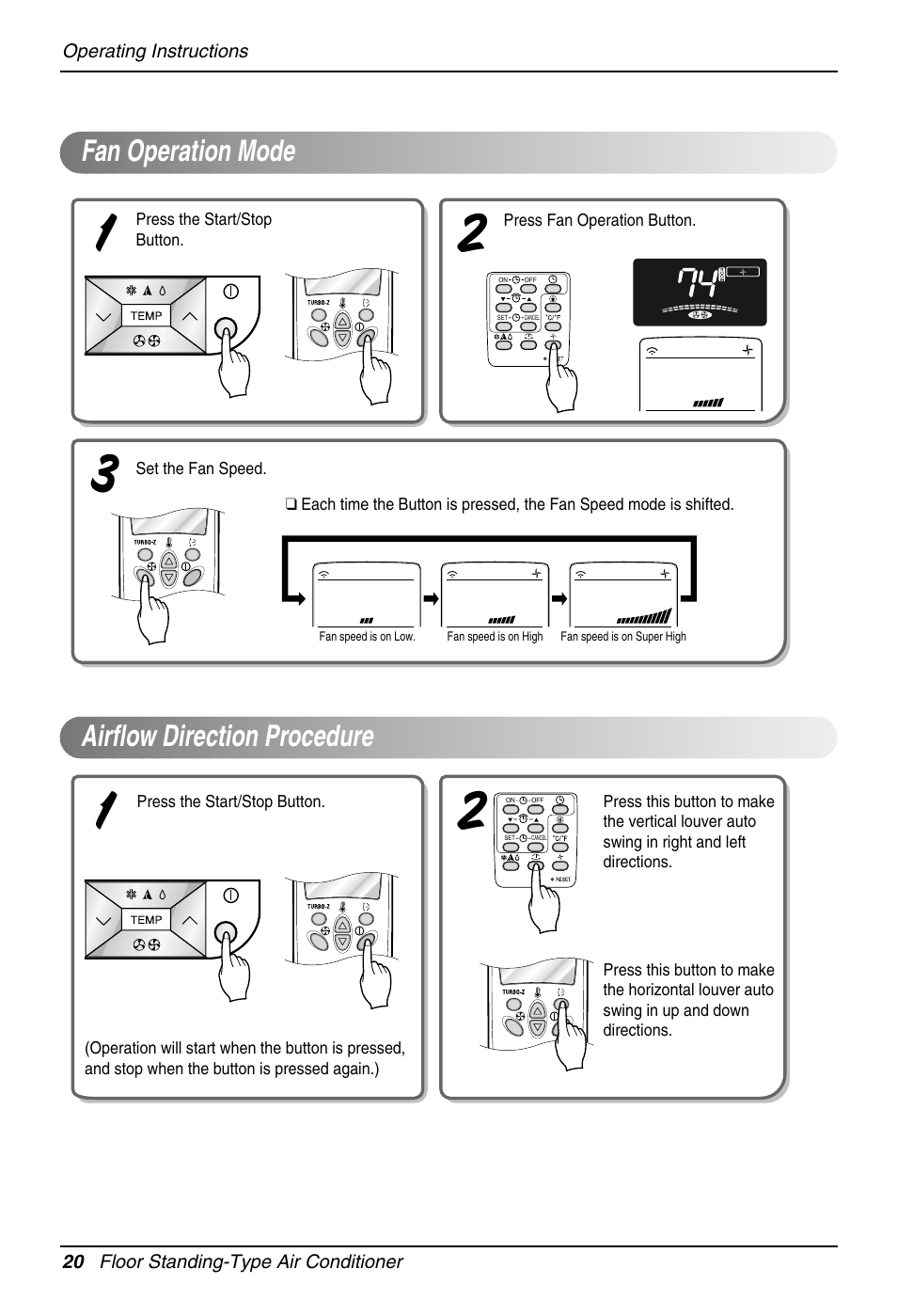 Fan operation mode airflow direction procedure | LG Air Conditioner User Manual | Page 20 / 28