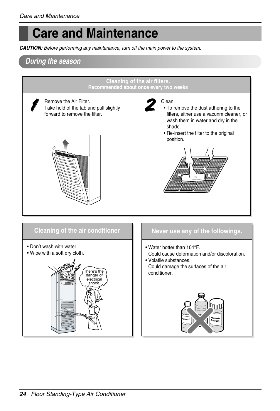 Care and maintenance, During the season | LG Air Conditioner User Manual | Page 24 / 28