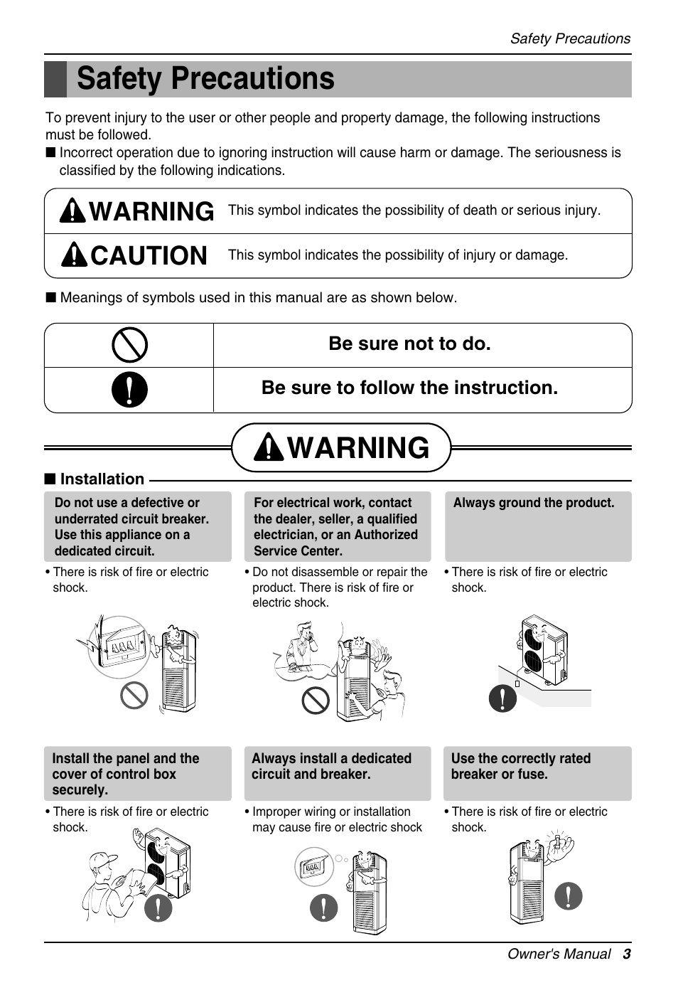 Safety precautions, Warning, Warning caution | LG Air Conditioner User Manual | Page 3 / 28