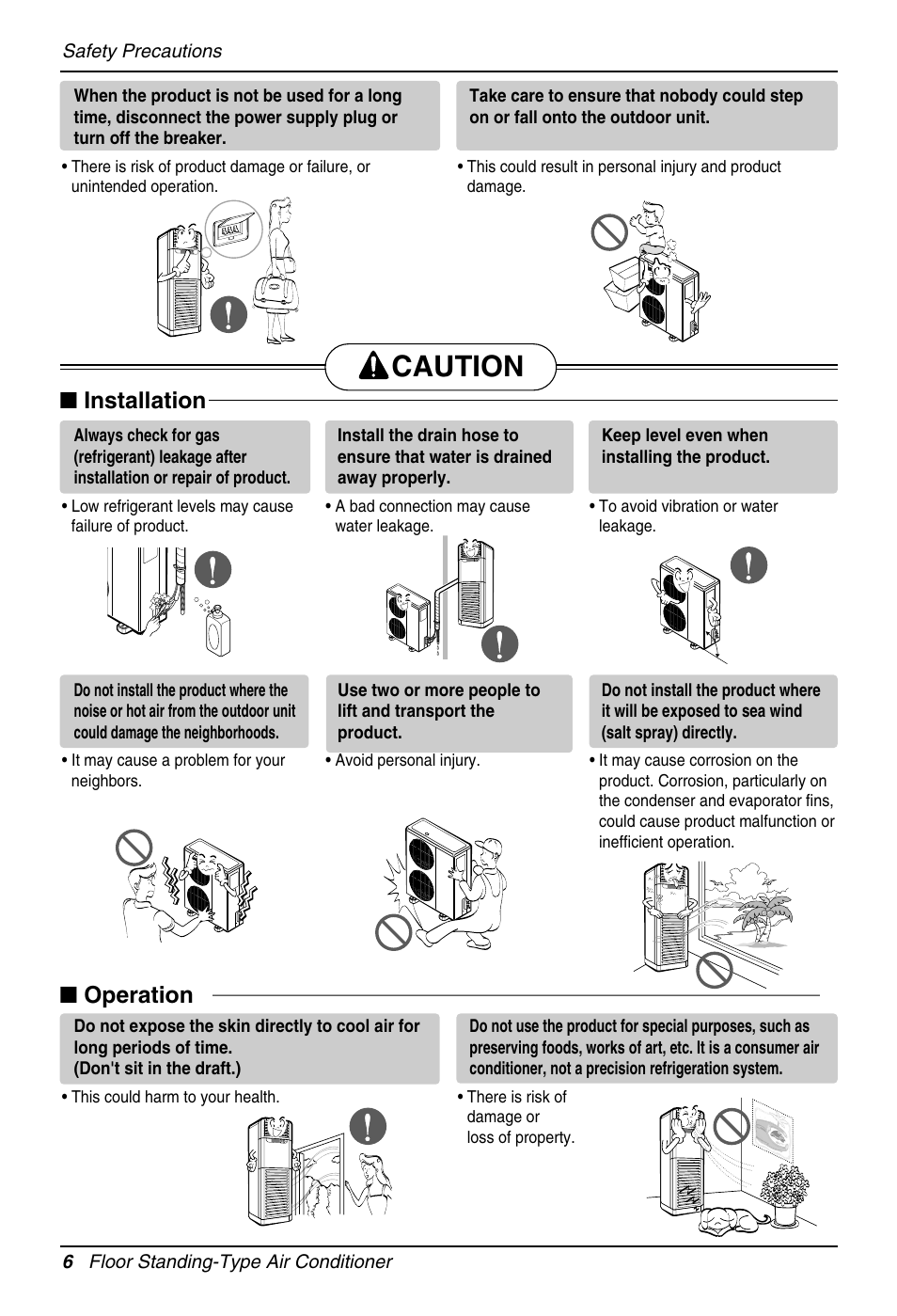 Caution, Installation, Operation | LG Air Conditioner User Manual | Page 6 / 28