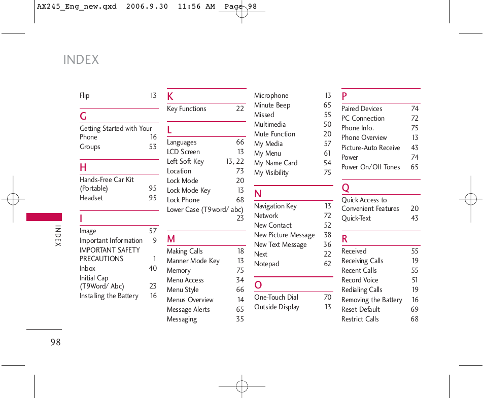 Index | LG AX245 User Manual | Page 100 / 200