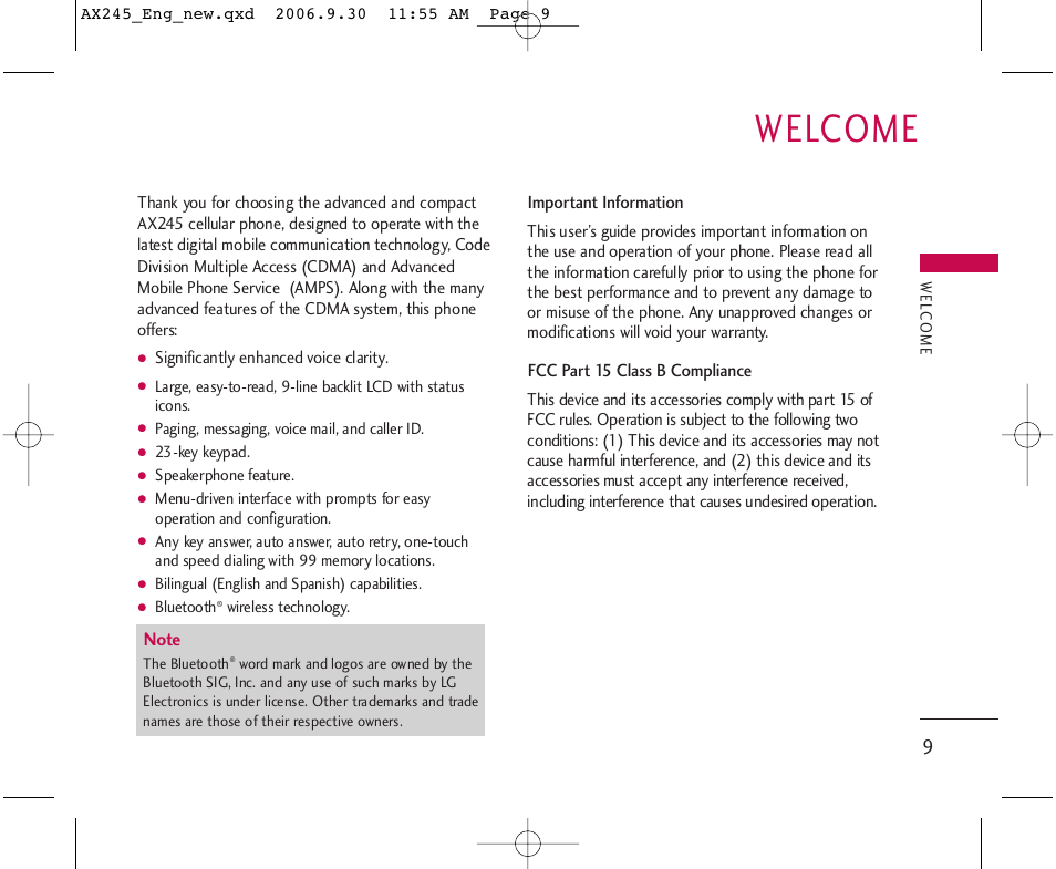 Welcome | LG AX245 User Manual | Page 11 / 200