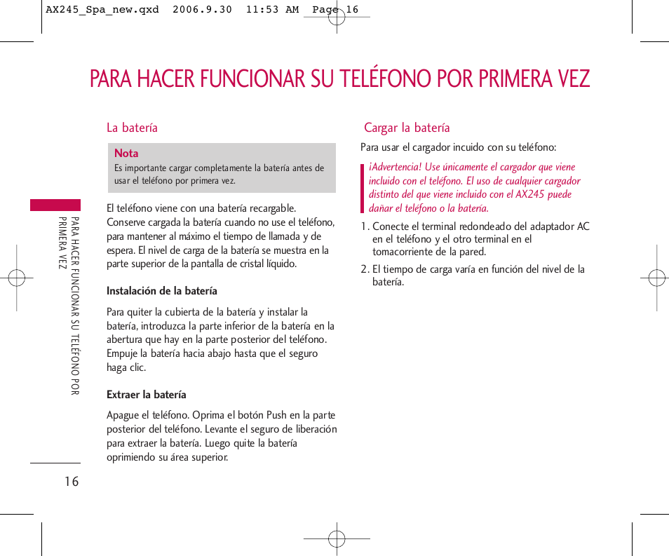 Para hacer funcionar su teléfono por primera vez | LG AX245 User Manual | Page 117 / 200