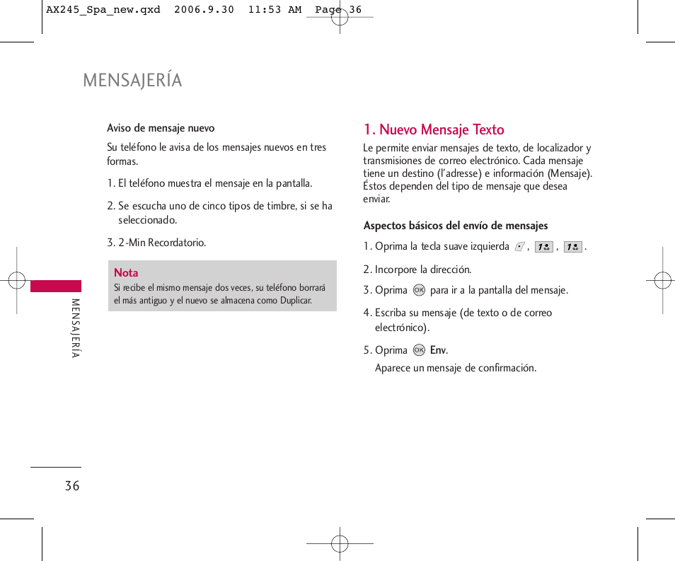 Mensajería, Nuevo mensaje texto | LG AX245 User Manual | Page 137 / 200