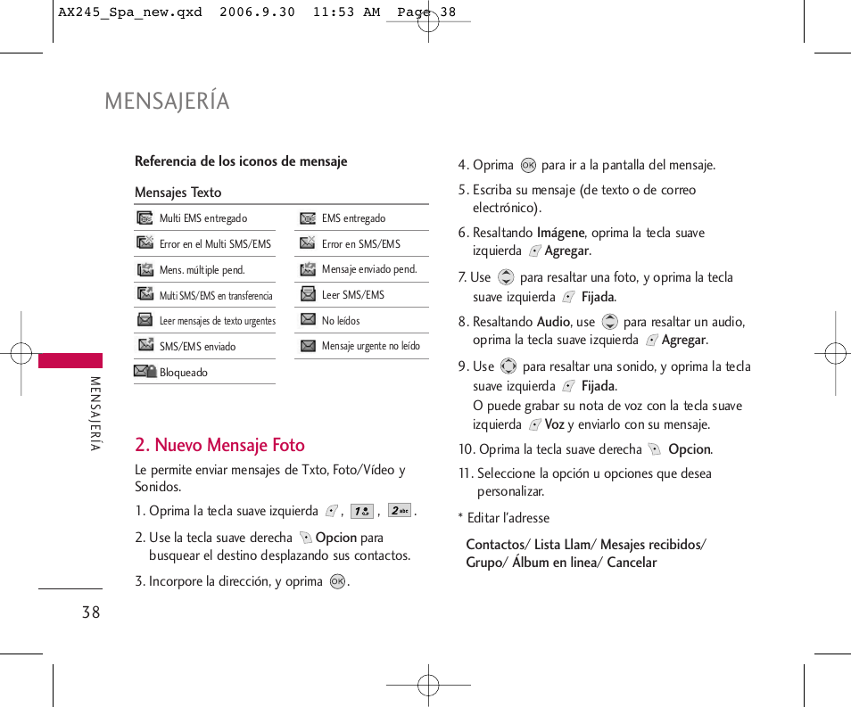 Mensajería, Nuevo mensaje foto | LG AX245 User Manual | Page 139 / 200