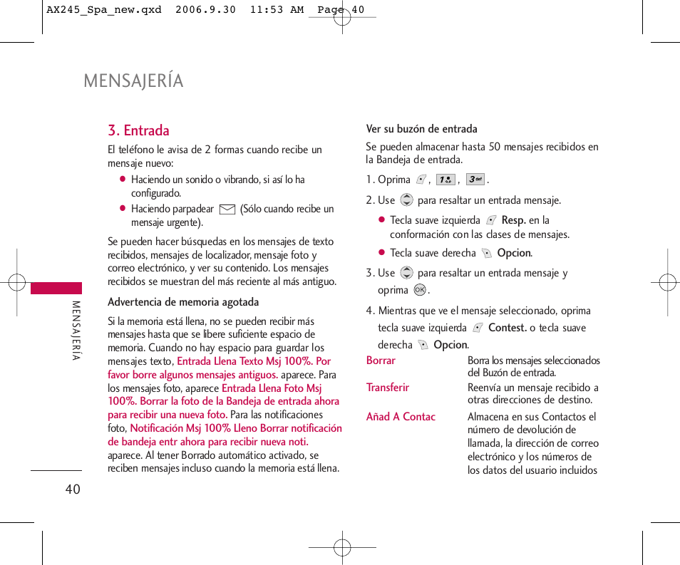 Mensajería, Entrada | LG AX245 User Manual | Page 141 / 200