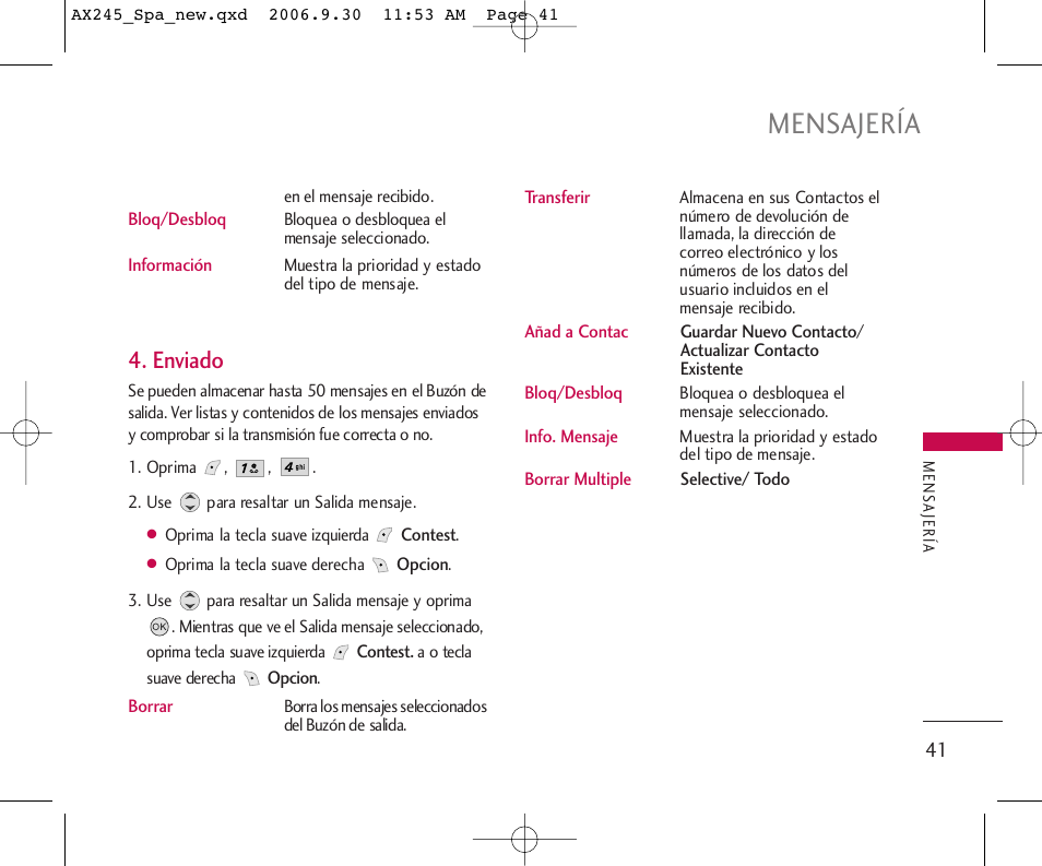 Mensajería, Enviado | LG AX245 User Manual | Page 142 / 200