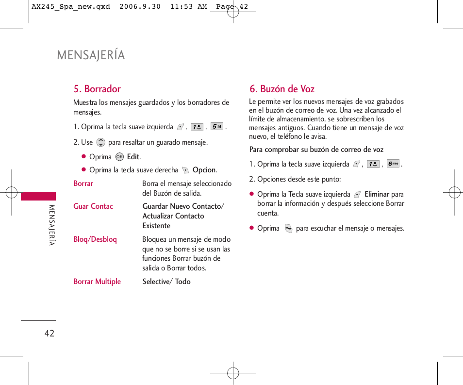 Mensajería, Borrador, Buzón de voz | LG AX245 User Manual | Page 143 / 200