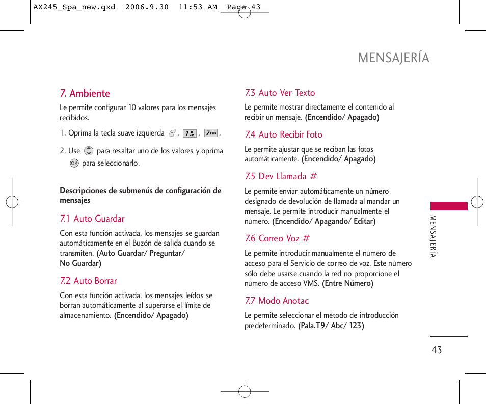 Mensajería, Ambiente | LG AX245 User Manual | Page 144 / 200