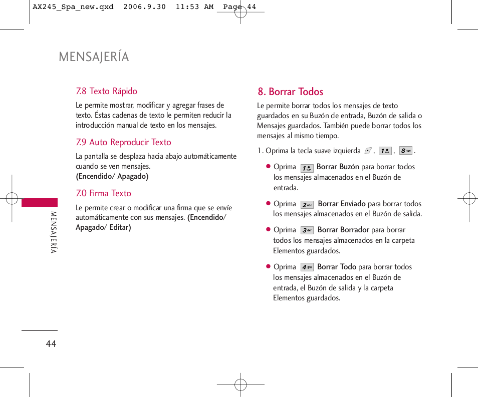 Mensajería, Borrar todos | LG AX245 User Manual | Page 145 / 200