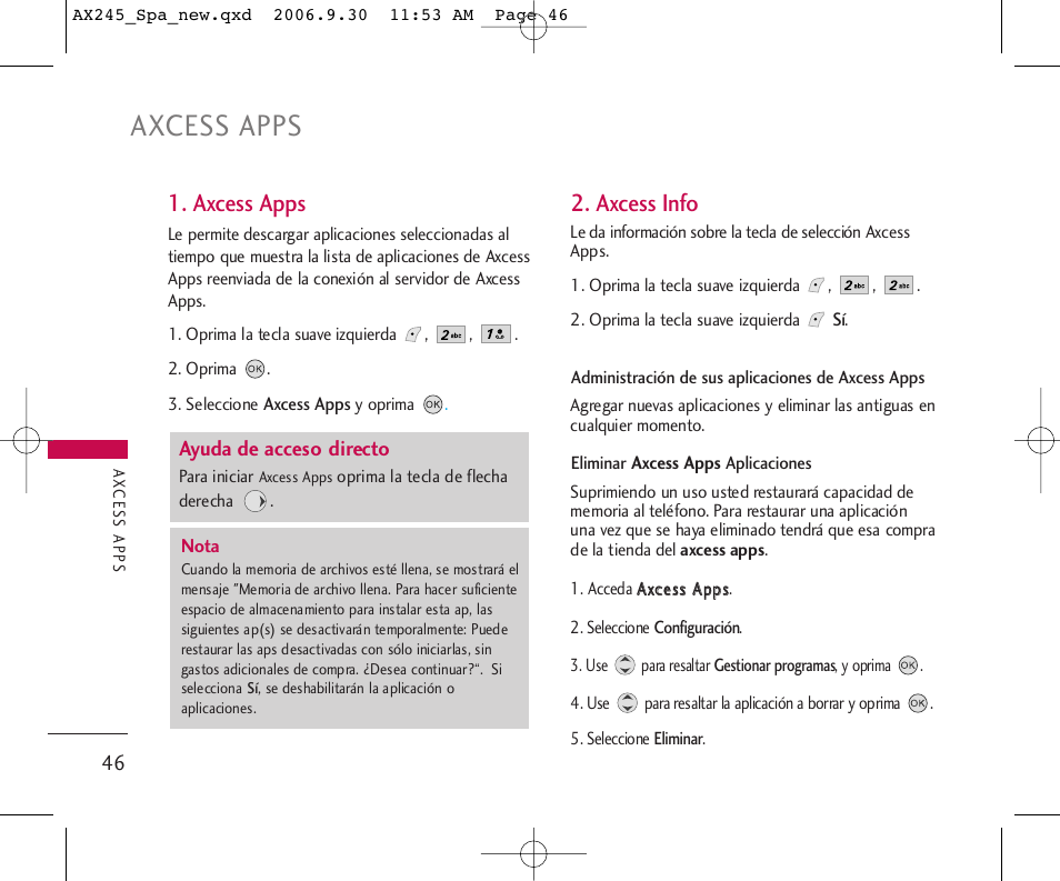 Axcess apps, Axcess info | LG AX245 User Manual | Page 147 / 200