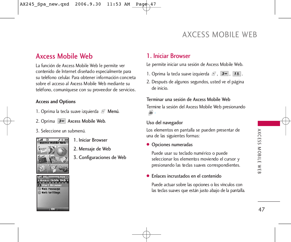 Axcess mobile web, Iniciar browser | LG AX245 User Manual | Page 148 / 200