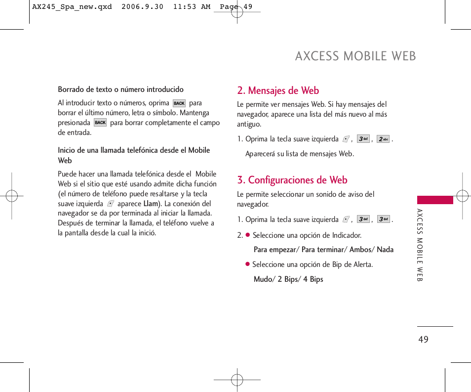 Axcess mobile web, Mensajes de web, Configuraciones de web | LG AX245 User Manual | Page 150 / 200