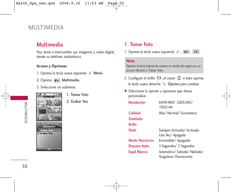 Multimedia, Tomar foto | LG AX245 User Manual | Page 151 / 200