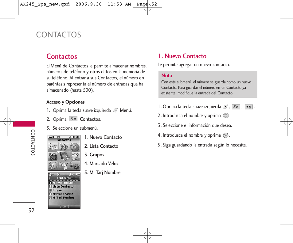 Contactos, Nuevo contacto | LG AX245 User Manual | Page 153 / 200